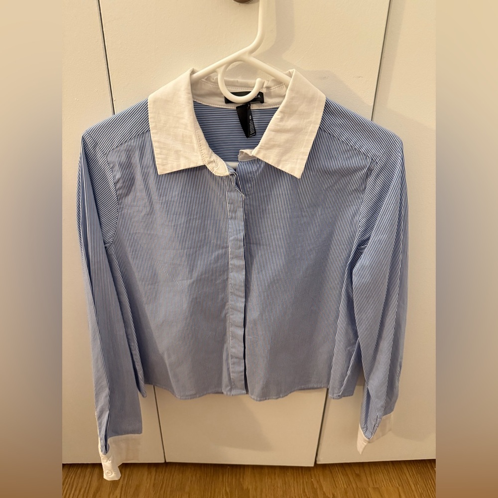 Bloomingdale’s Aqua Striped Button Down Blouse
